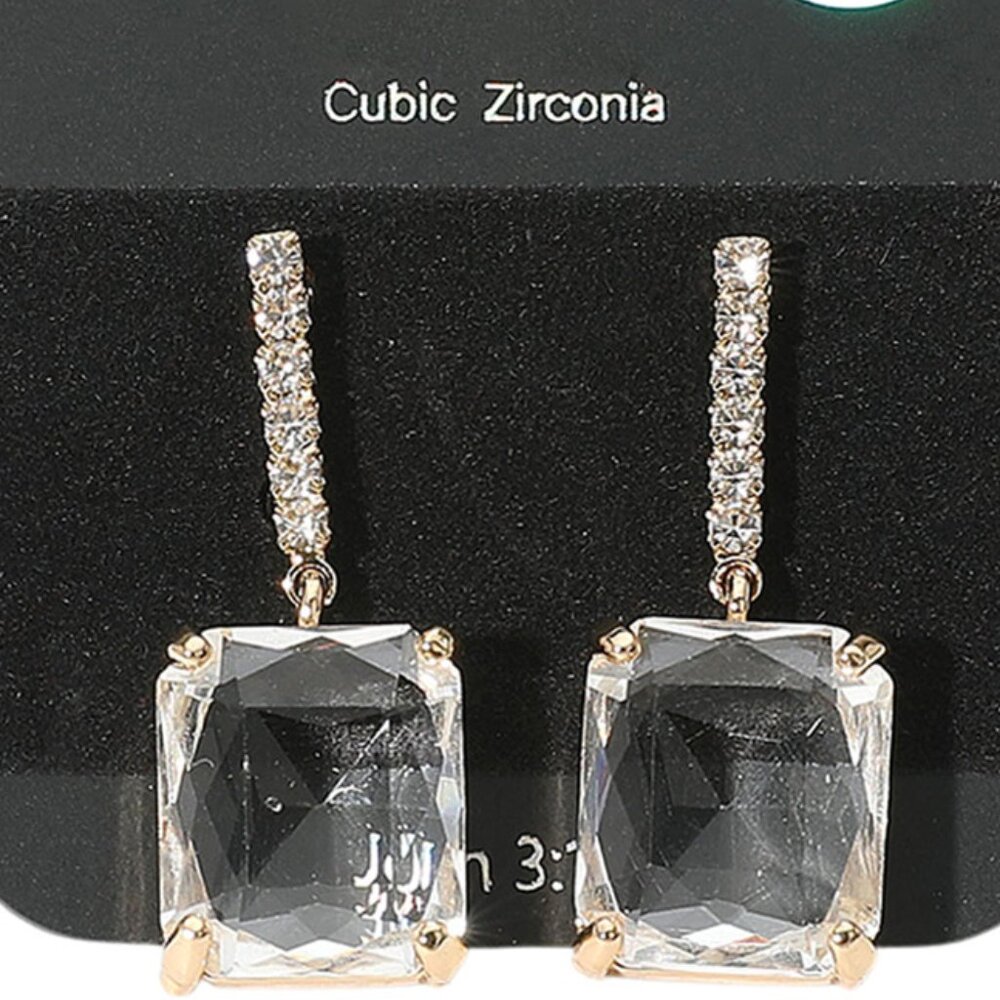 Rectangle CZ Stone Dangle Evening Earrings GOLD